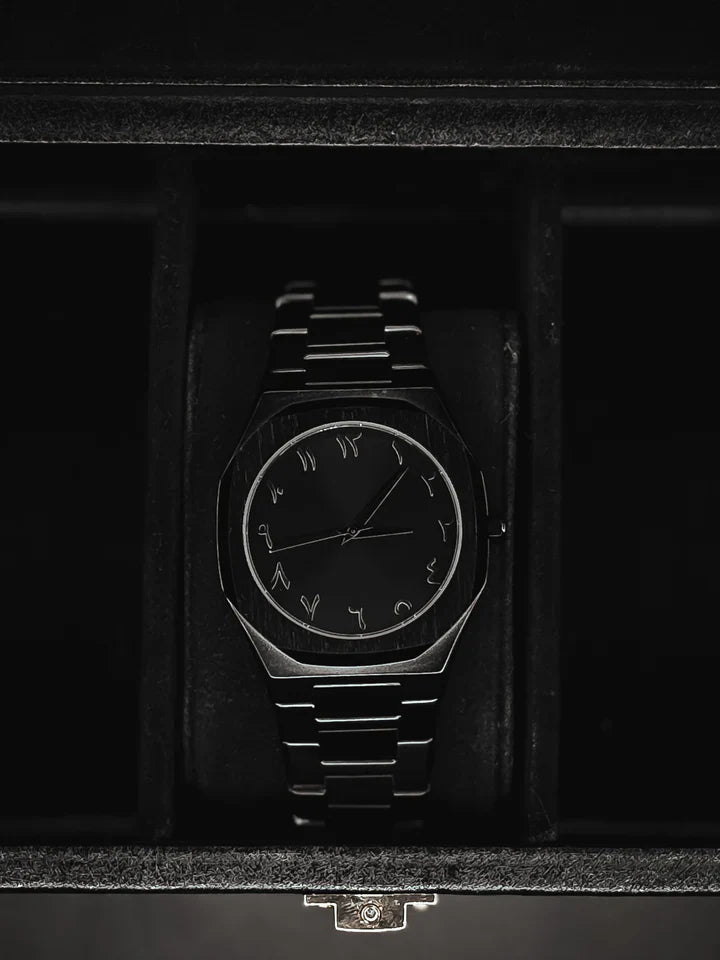 Stainless Steel Black Arabic Dial Aura Watch – Elegant & Minimalist Men's Timepiece