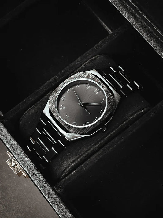 Stainless Steel Black Arabic Dial Aura Watch – Elegant & Minimalist Men's Timepiece