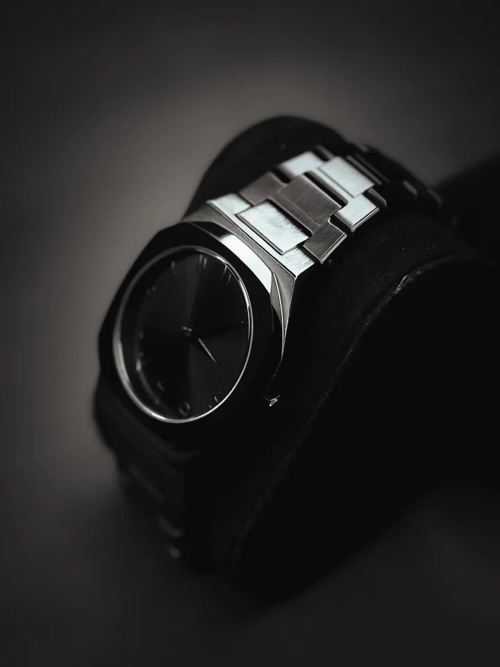 Stainless Steel Black Arabic Dial Aura Watch – Elegant & Minimalist Men's Timepiece